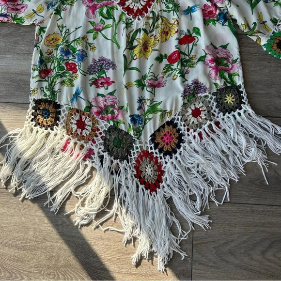 V Neck Kaftan Ruffle Sleeve Crochet Trim Bohemian Top With Fringe - Picture 13 of 13